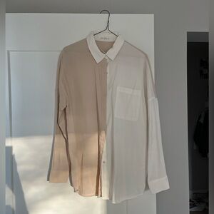 12th Tribe Beige and White Casual Button Down Shirt
